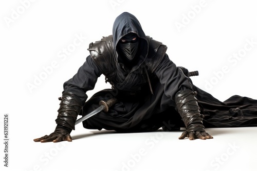 Fényképezés a photo of a japanese ninja assassin warrior with swords weapon and black ninja outfit