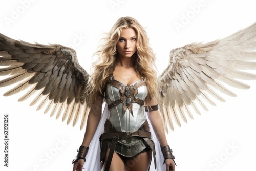 closeup photo portrait of a beautiful blonde woman with wings and armor and a sword weapon flying. valkyrie scandinavian norse mythology. isolated on white studio background. Generative AI