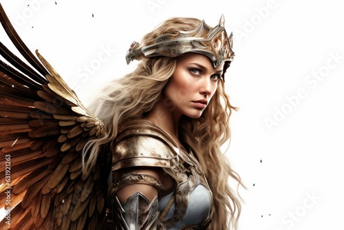 closeup photo portrait of a beautiful blonde woman with wings and armor and a sword weapon flying. valkyrie scandinavian norse mythology. isolated on white studio background. Generative AI