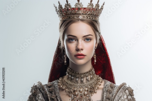 a closeup photo portrait of a beautiful young medieval european blonde queen with a gold crown on head and royal dress. isolated on white studio background. Generative AI photo