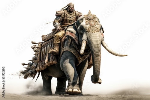 a ancient fantasy indian warrior with a weapon riding a battle war elephant. isolated on white studio background. Generative AI