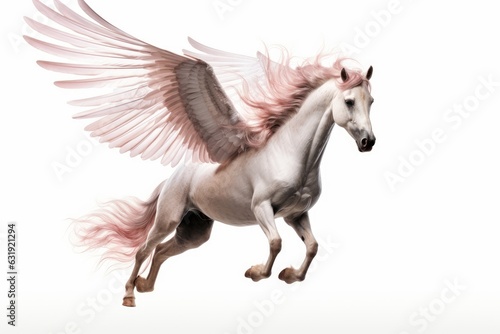 a beautiful flying horse with wings pink pegasus. winged divine stallion mythical creature from greek mythology. isolated on white studio background. Generative AI