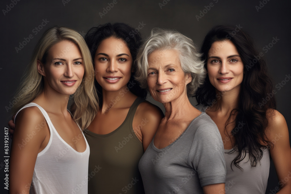 Smiling women of different ages, studio backdrop. Confident group embracing natural and aging bodies. Smiling women of different ages, studio backdrop. Confident group embracing natural and aging bodies.