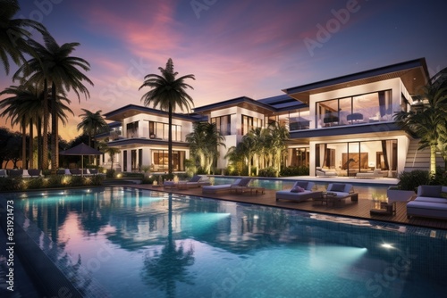 A contemporary and opulent mansion featuring an attractive swimming pool and a vibrant sky at twilight.
