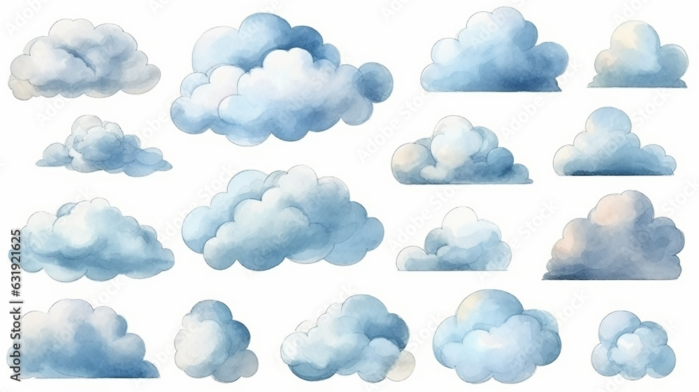 a set of watercolor painted clouds on a white background isolated. a set of watercolor painted clouds on a white background isolated.