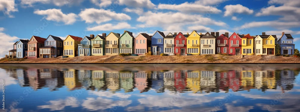 A row of colorful houses is reflected in the water landscape.
