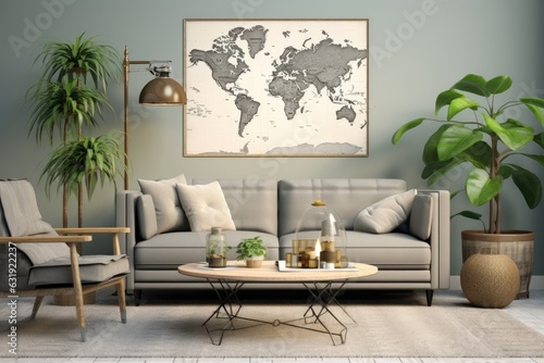 A contemporary nostalgic style for the interior of a house featuring a gray couch, coffee table, plants, furniture, a placeholder poster map, decorations, and personal accessories. A chic and © 2rogan