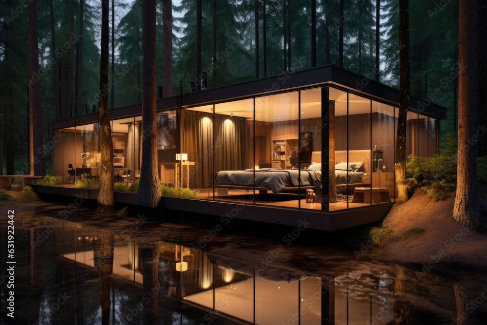 Modern luxury villa exterior. Glass cottage in the woods. Cabin house in forest. Generative AI