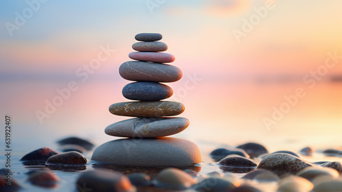 Zen stone tower with peaceful sea and sky bokeh