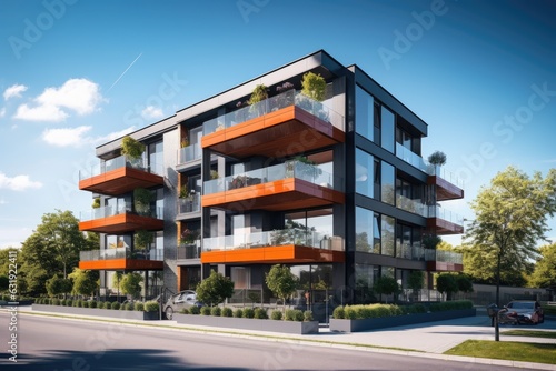 A contemporary and high end apartment complex with a sunny and vibrant atmosphere. A sleek architectural structure under a clear blue sky. The front view of a cutting edge residential building. The