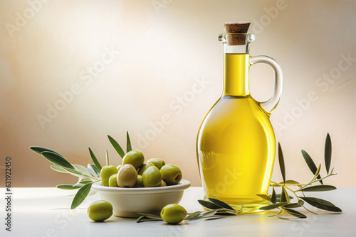Bottle of fresh extra virgin olive oil and green olives with leaves. Generative AI