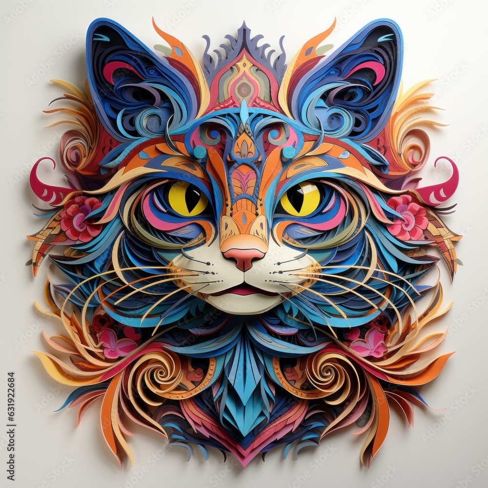 A cat face in colorful paper kirigami craft style, quilling