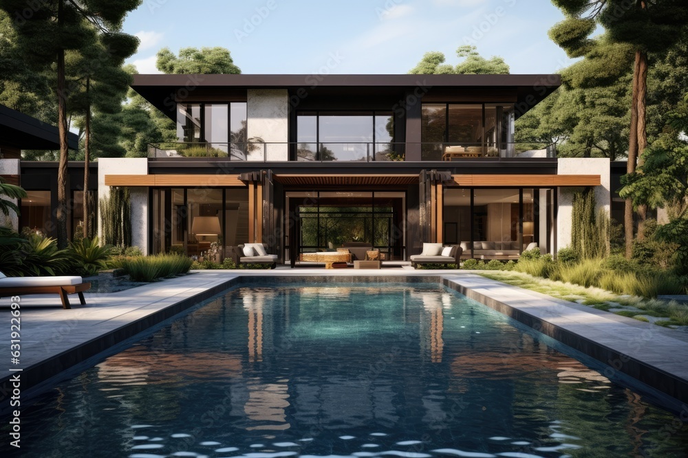 A contemporary residence featuring a swimming pool and a lush garden, perfect for the summer season.