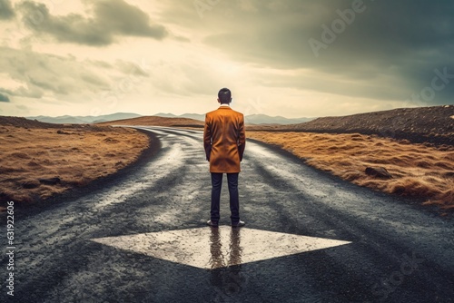 A man standing at a crossroads. Rear view of a man standing on the road and looking at the future
