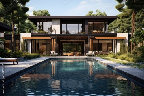 A contemporary residence featuring a swimming pool and a lush garden, perfect for the summer season. © 2rogan