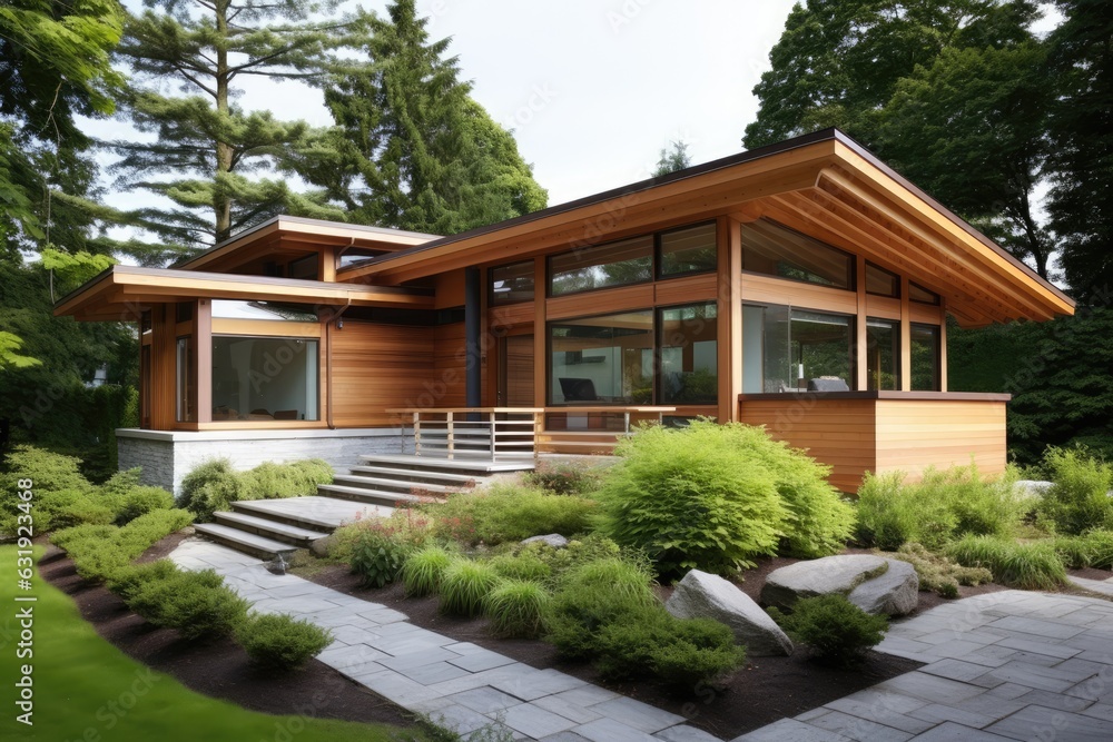A closer look at a contemporary house that has a cedar shake roof, capturing the essence of the summer season.