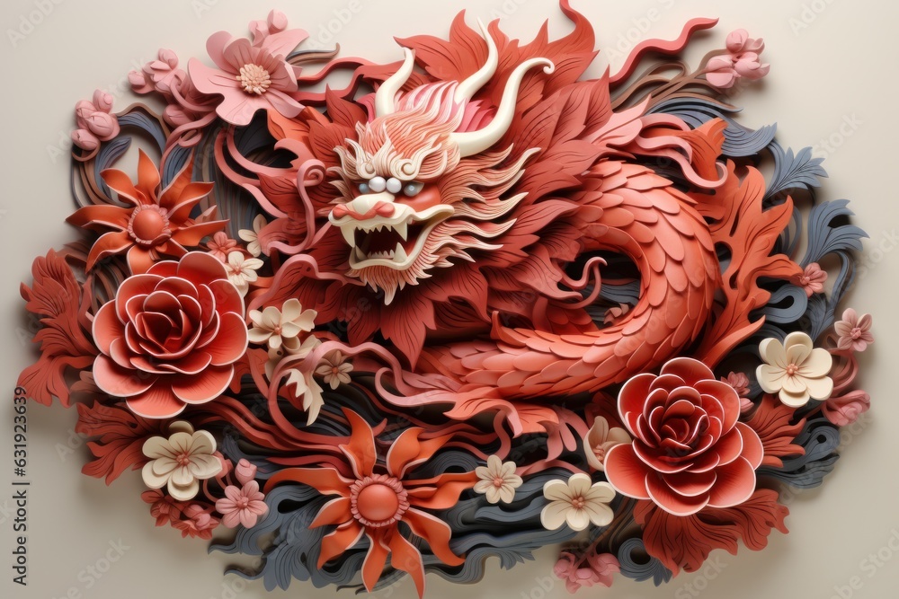 A Chinese dragon in paper kirigami craft style, quilling A Chinese dragon in paper kirigami craft style, quilling