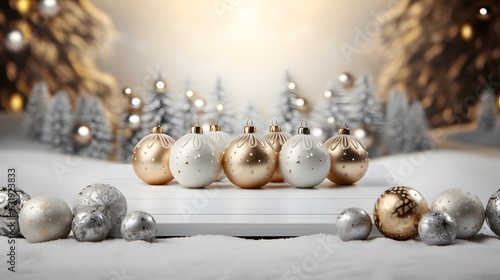 Christmas or New Year background with golden and silver christmas balls on wooden platform.