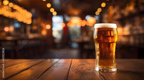 Glass of beer on a bar counter in a pub or restaurant. Glass of beers on a local pub, low angle view.	