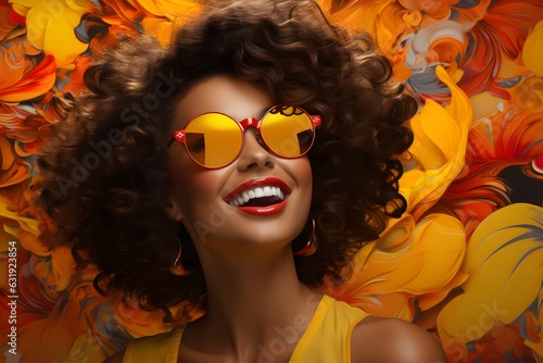 Autumn, fall woman. Fashion portrait of a beautiful young woman in sunglasses on a yellow background. Beauty, fashion.  © mandu77