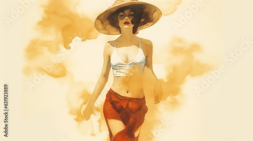 Drawing of a woman in a white top, red skirt and hat in yellow smoke on a white background