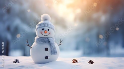 Snowman in the winter forest. Christmas and New Year background. © mandu77