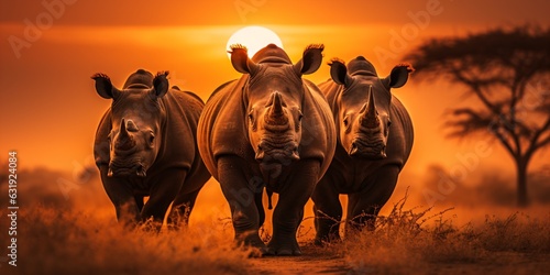 Fotografia three big african rhinos in the sunset, big five wildlife safari