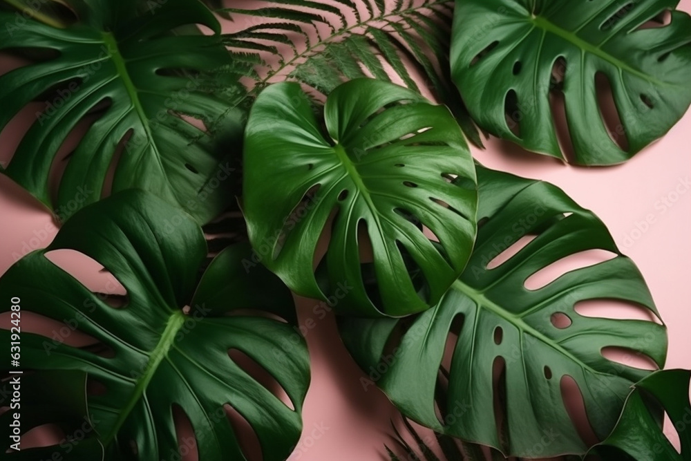 Monstera Jungle: Lush Leaves in Captivating Flat Lay Illustration. Ai generated. Monstera Jungle: Lush Leaves in Captivating Flat Lay Illustration. Ai generated.