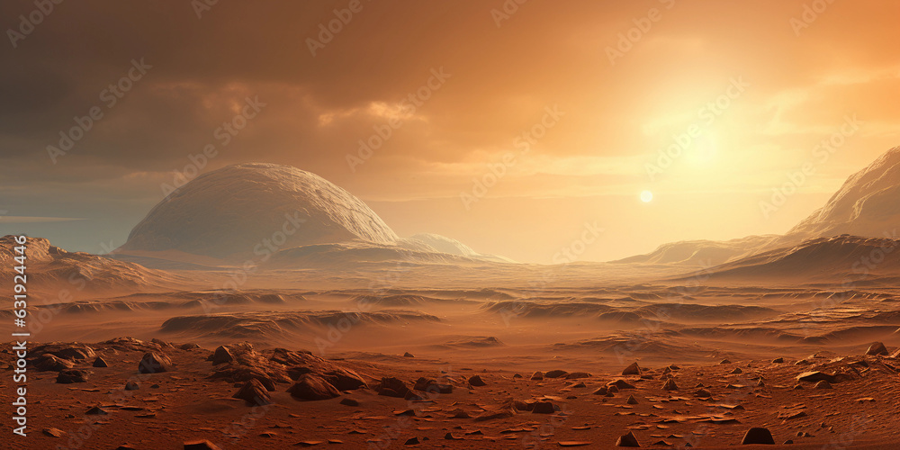 Detailed, crisp image of the surface of Mars, red desert, dust storms, huge mountains in the distance, a view from a telescope, similar to NASA rover images - obrazy, fototapety, plakaty 