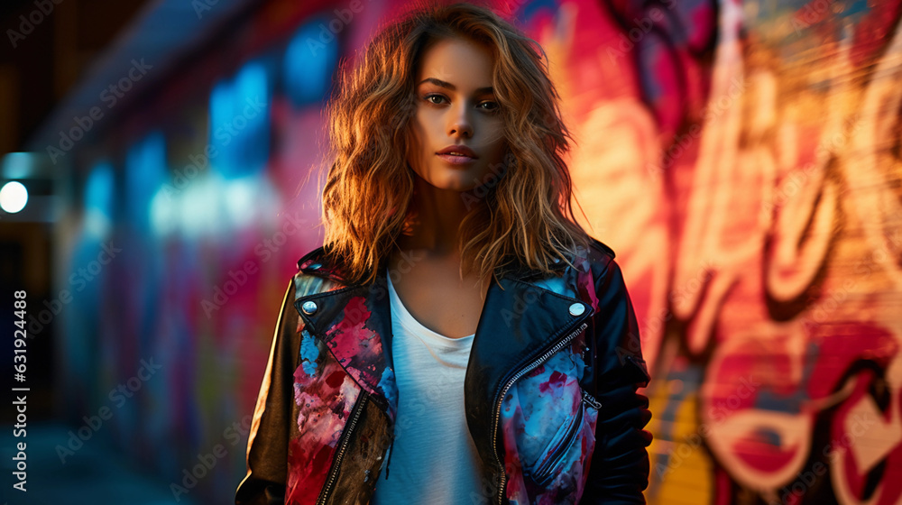 Graffiti art - inspired digital portrait of a street fashion model, vibrant hues, leather jacket, ripped jeans, sneakers