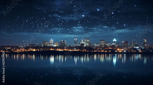 Crystal clear image of the Orion constellation, stars twinkling brightly against the dark night sky, silhouettes of city buildings at the bottom