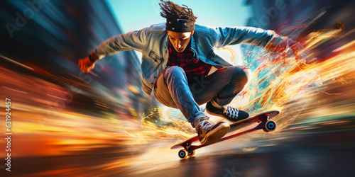 Dynamic abstract portrait of a skateboarder in urban streetwear, vibrant spray paint effect, motion blur, wide angle lens