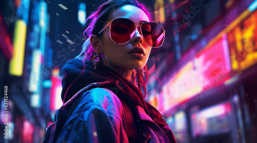 Futuristic street fashion portrait in an abstract digital cityscape, neon colors, anime - inspired, cyberpunk feel © Marco Attano