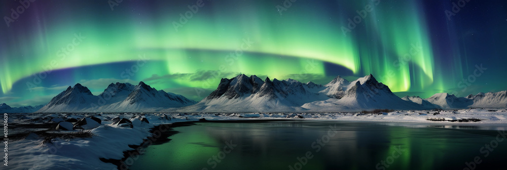 Night sky over an arctic landscape, Northern Lights shimmering green and blue, mountains silhouetted in the foreground