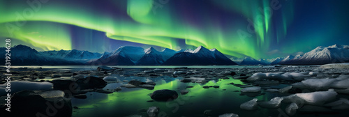 Night sky over an arctic landscape, Northern Lights shimmering green and blue, mountains silhouetted in the foreground