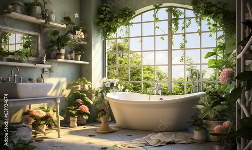 modern comfortable bathroom interior with a tub decorated with green plants and walls