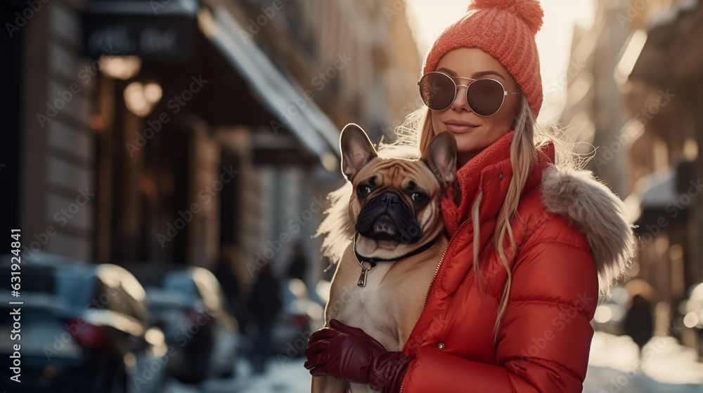 a fashionable woman in a bold, statement outfit, consisting of an oversized puffer jacket, bright beanie, thigh - high boots, walking her French Bulldog down a snow - covered city street. Soft morning a fashionable woman in a bold, statement outfit, consisting of an oversized puffer jacket, bright beanie, thigh - high boots, walking her French Bulldog down a snow - covered city street. Soft morning