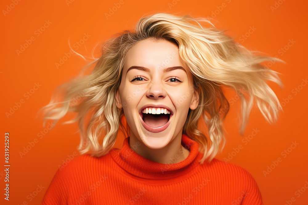 Happy blonde woman excited and happy, laughs with open mouth isolated on a flat orange background with copy space. Banner template with young pretty woman.
