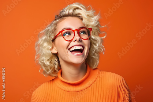 Happy blonde woman excited and happy, laughs with open mouth isolated on a flat orange background with copy space. Banner template with young pretty woman. © dinastya
