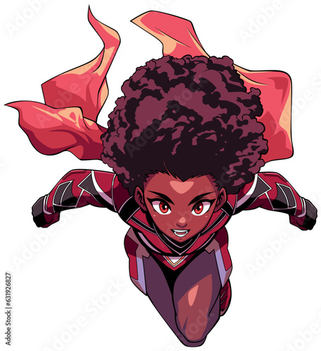 African Female Superhero Flying Anime Isolated