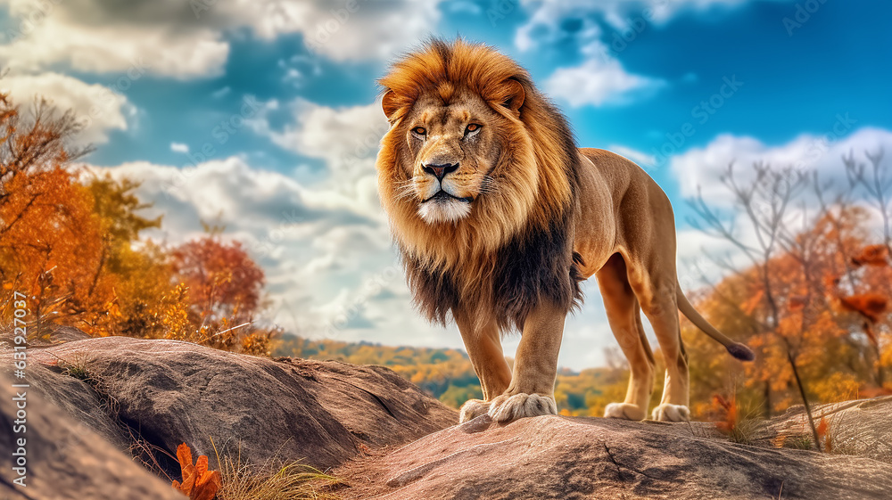 lion in the savanna african wildlife landscape. - obrazy, fototapety, plakaty 