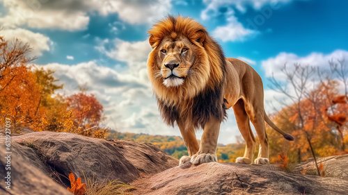 Fotografiet lion in the savanna african wildlife landscape.