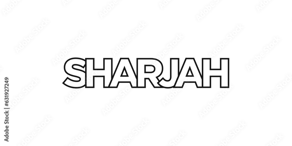 Sharjah in the United Arab Emirates emblem. The design features a geometric style, vector illustration with bold typography in a modern font. The graphic slogan lettering. Sharjah in the United Arab Emirates emblem. The design features a geometric style, vector illustration with bold typography in a modern font. The graphic slogan lettering.