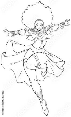 African Female Superhero Flying Anime Line Art