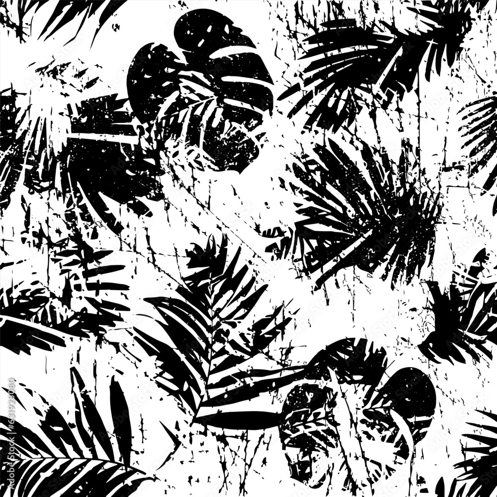 Obraz premium Grunge tropical style wallpapers. Seamless pattern with leaf on white background. Monochrome vector