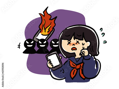  携帯電話とインターネットの炎上トラブルで困っている女子学生のイラスト