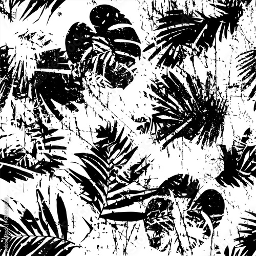 Grunge tropical style wallpapers. Seamless pattern with leaf on white background. Monochrome vector