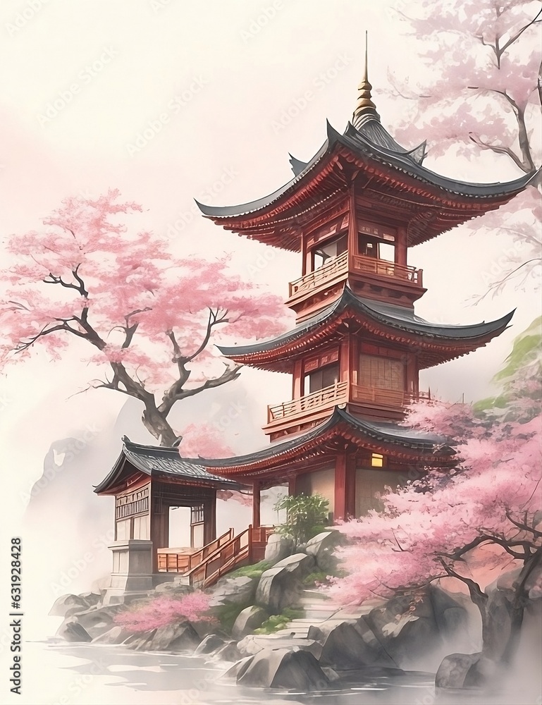 A vibrant, abstract painting of a traditional oriental landscape, rendered in delicate watercolor hues A vibrant, abstract painting of a traditional oriental landscape, rendered in delicate watercolor hues