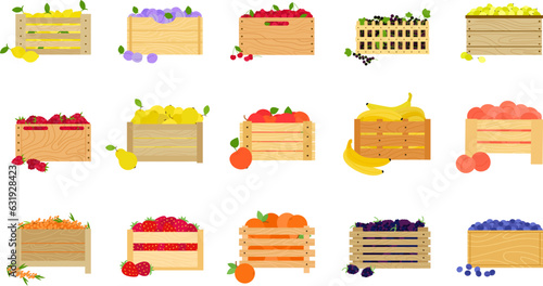 Fruits in wooden boxes and crates. Box with fruit, berries in crate. Wood organic market pack, harvest fresh agriculture ingredients, decent vector set