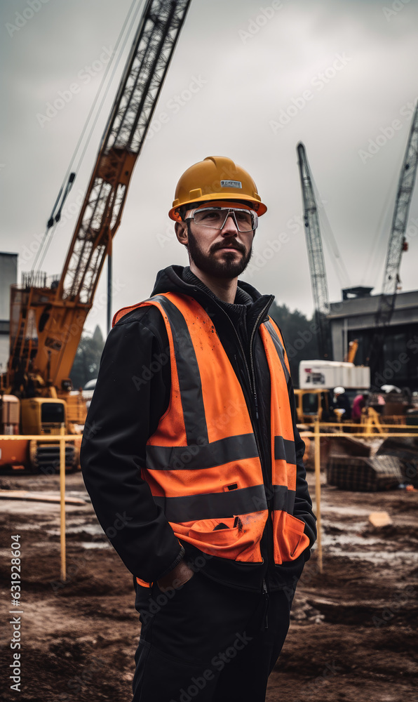 Portrait of a male build engineer stands against the backdrop of the construction of a modern house Portrait of a male build engineer stands against the backdrop of the construction of a modern house